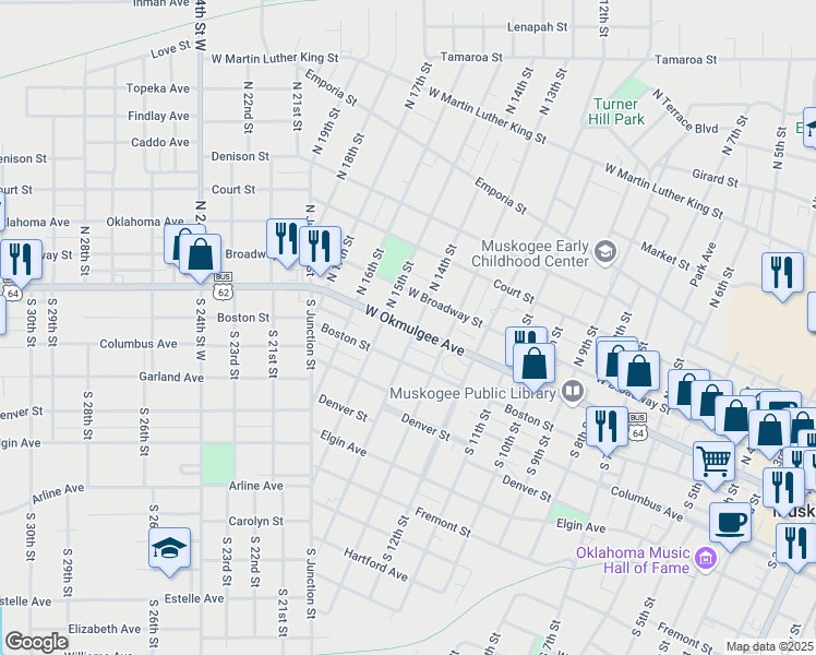 map of restaurants, bars, coffee shops, grocery stores, and more near 1419 West Okmulgee Avenue in Muskogee