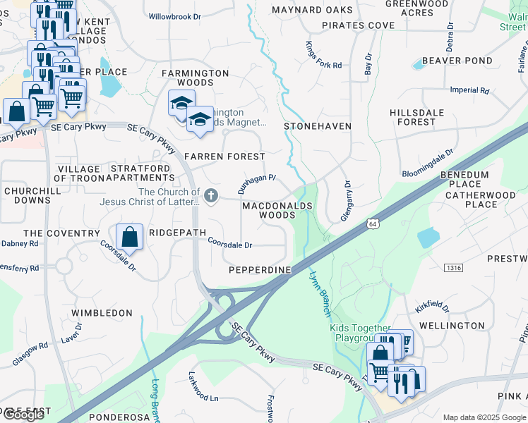 map of restaurants, bars, coffee shops, grocery stores, and more near 103 Heidinger Drive in Cary