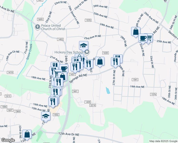 map of restaurants, bars, coffee shops, grocery stores, and more near 2543 Springs Road Northeast in Hickory