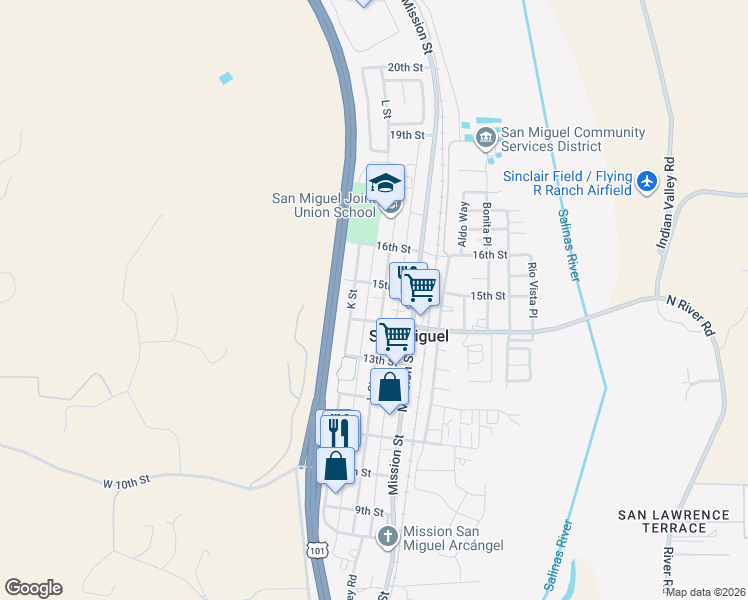 map of restaurants, bars, coffee shops, grocery stores, and more near 1455 L Street in San Miguel