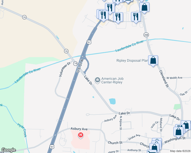 map of restaurants, bars, coffee shops, grocery stores, and more near 301 Lake Drive in Ripley