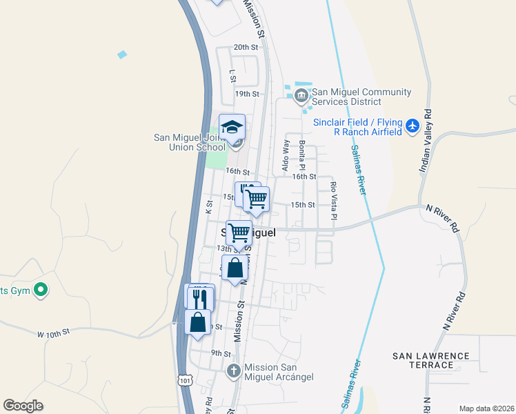 map of restaurants, bars, coffee shops, grocery stores, and more near 1483 Mission Street in San Miguel