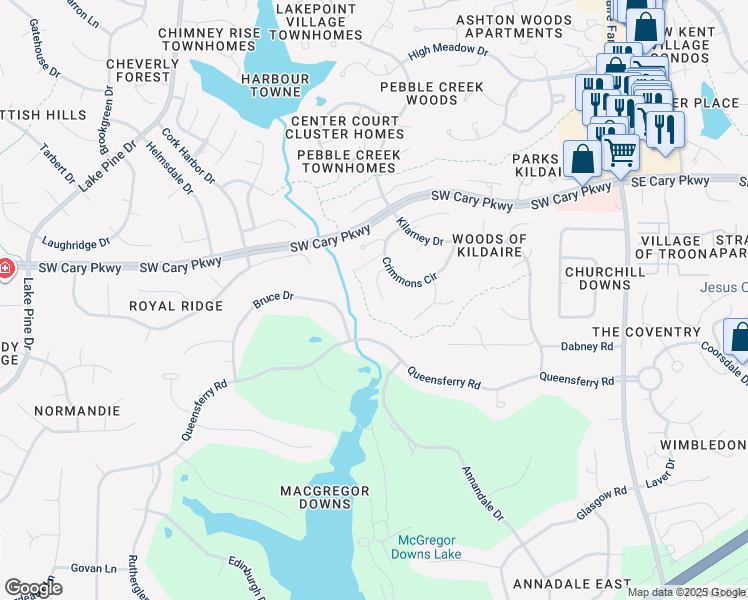 map of restaurants, bars, coffee shops, grocery stores, and more near 112 Bourke Place in Cary