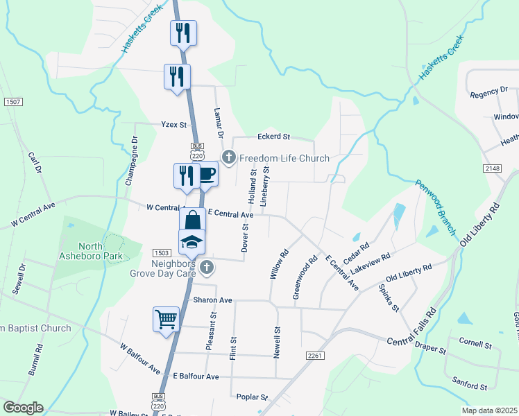 map of restaurants, bars, coffee shops, grocery stores, and more near 2011 Lineberry Street in Asheboro
