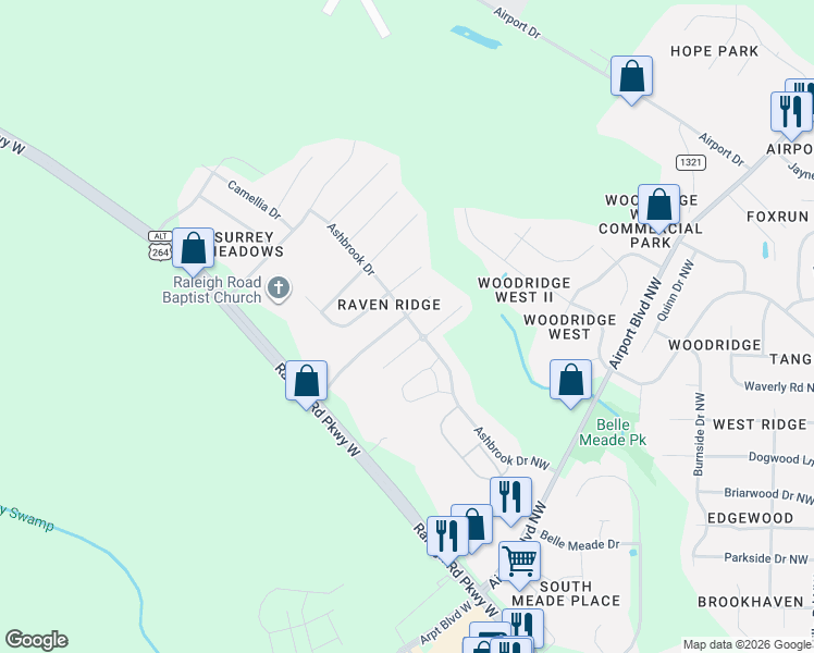 map of restaurants, bars, coffee shops, grocery stores, and more near 4126 Raven Ridge Dr NW in Wilson