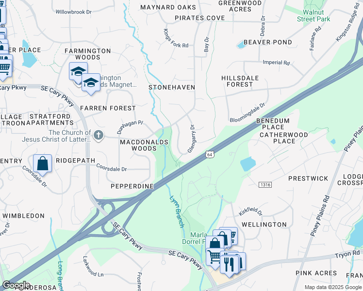 map of restaurants, bars, coffee shops, grocery stores, and more near 1626 Glengarry Drive in Cary