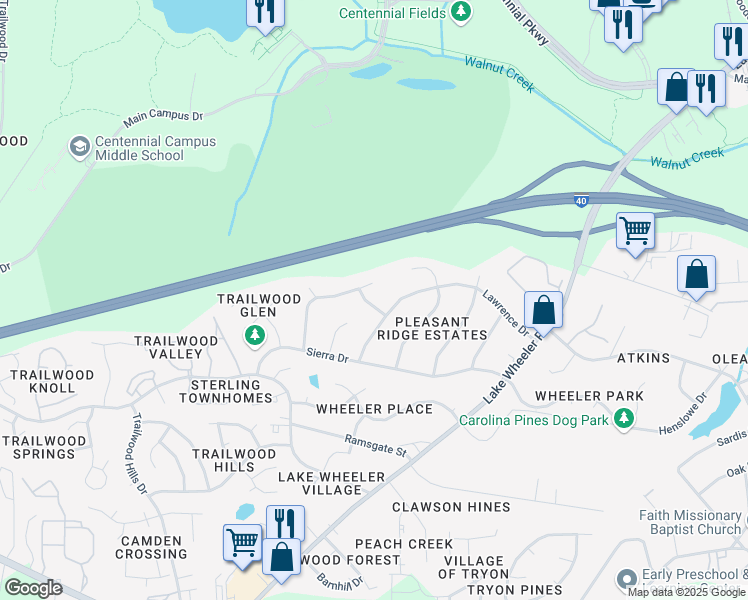 map of restaurants, bars, coffee shops, grocery stores, and more near 2412 Cavalier Street in Raleigh