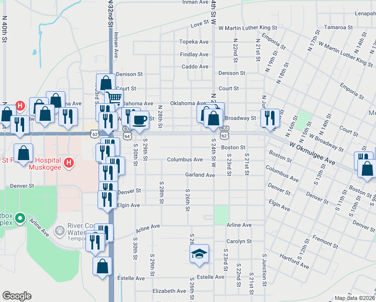 map of restaurants, bars, coffee shops, grocery stores, and more near 2600 Boston Street in Muskogee