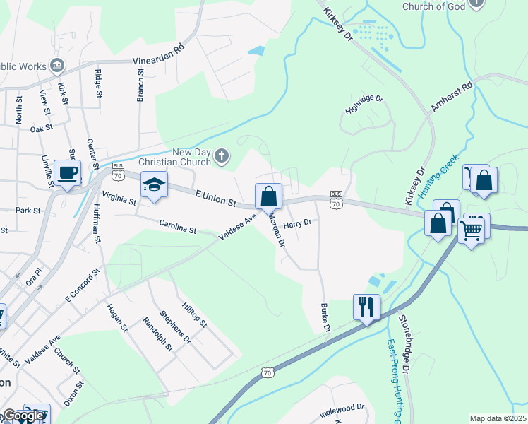 map of restaurants, bars, coffee shops, grocery stores, and more near 700 Valdese Avenue in Morganton