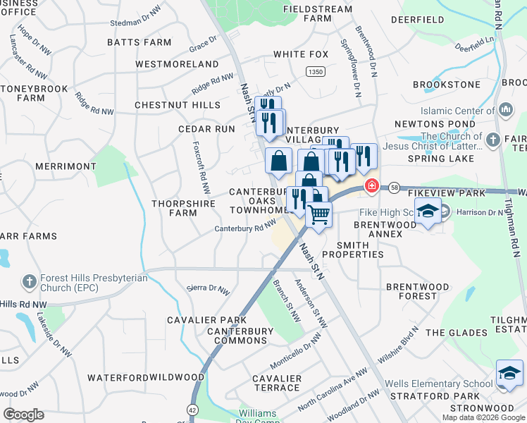 map of restaurants, bars, coffee shops, grocery stores, and more near 110 Canterbury Road Northwest in Wilson
