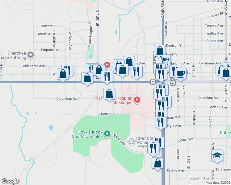 map of restaurants, bars, coffee shops, grocery stores, and more near 200 South 38th Street in Muskogee