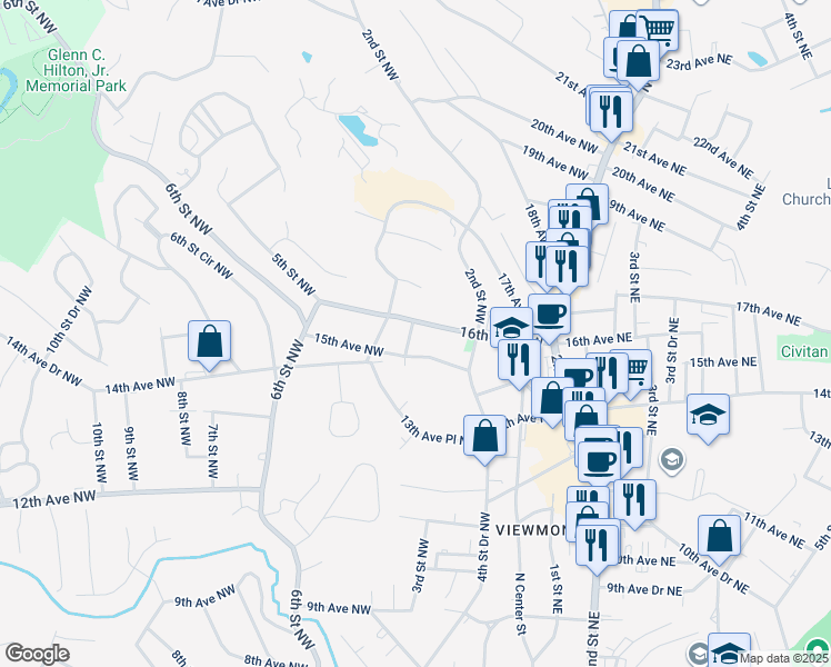 map of restaurants, bars, coffee shops, grocery stores, and more near 1526 3rd Street Northwest in Hickory