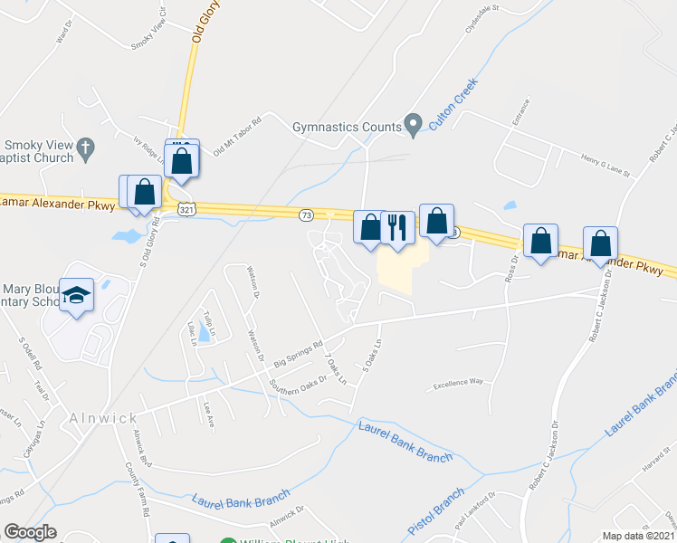 map of restaurants, bars, coffee shops, grocery stores, and more near 118 Camellia Trace Drive in Maryville