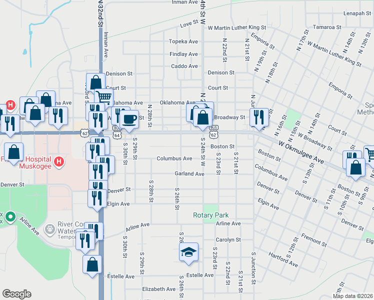 map of restaurants, bars, coffee shops, grocery stores, and more near 2600 Boston Street in Muskogee