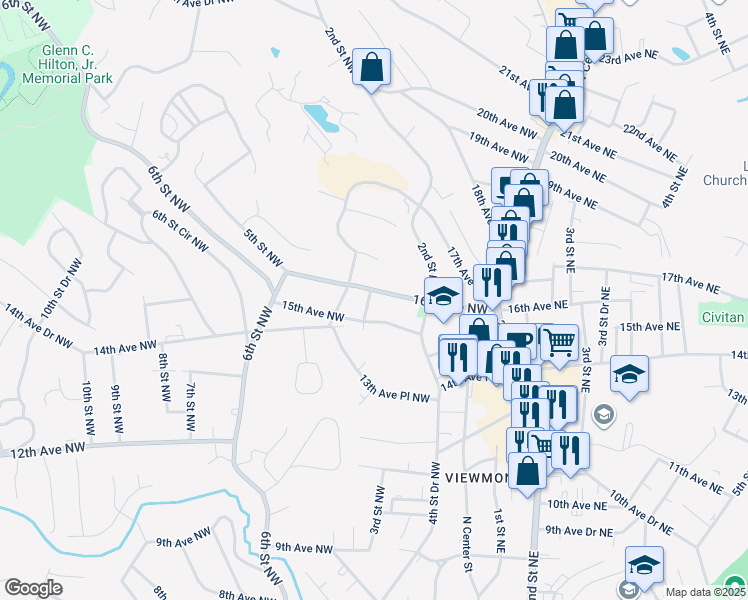 map of restaurants, bars, coffee shops, grocery stores, and more near 1526 3rd Street Northwest in Hickory