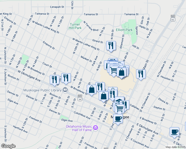 map of restaurants, bars, coffee shops, grocery stores, and more near 617 Emporia Street in Muskogee