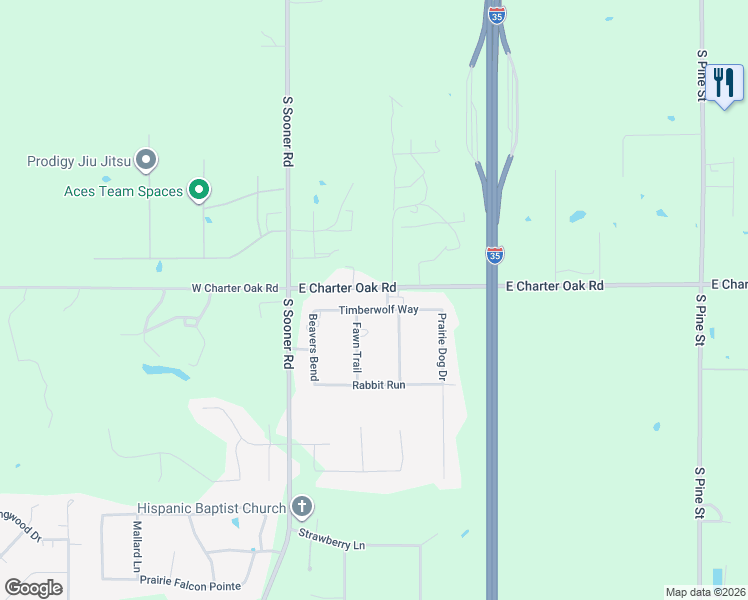 map of restaurants, bars, coffee shops, grocery stores, and more near 4427 Timberwolf Way in Edmond