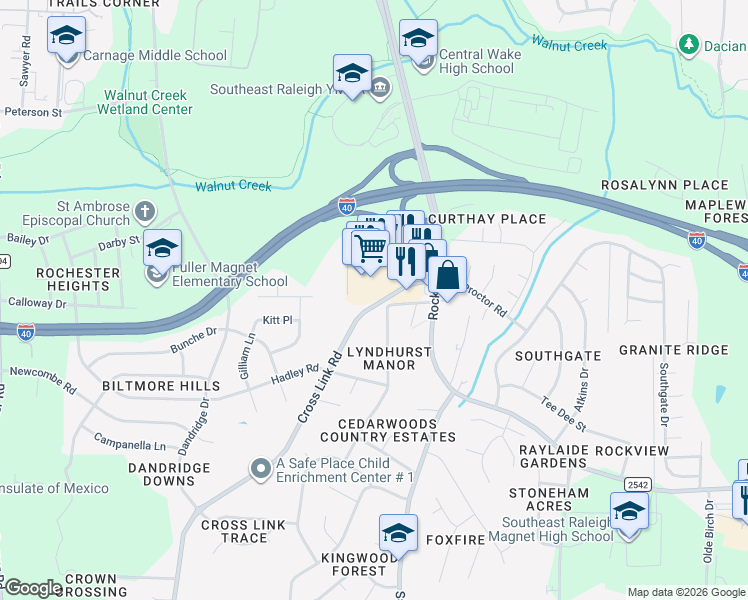 map of restaurants, bars, coffee shops, grocery stores, and more near 1609 Cross Link Road in Raleigh