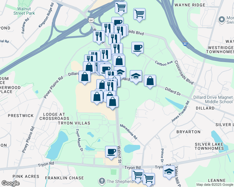 map of restaurants, bars, coffee shops, grocery stores, and more near 2333 Walnut Street in Cary