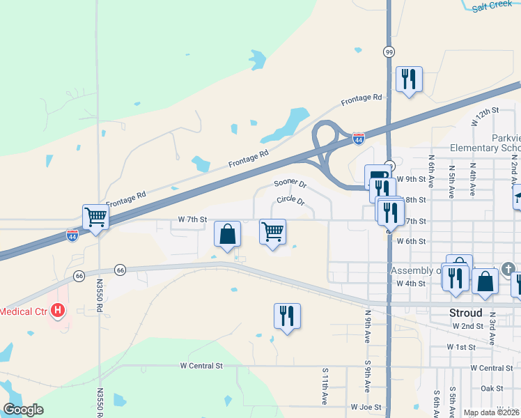 map of restaurants, bars, coffee shops, grocery stores, and more near 1047 Circle Drive in Stroud