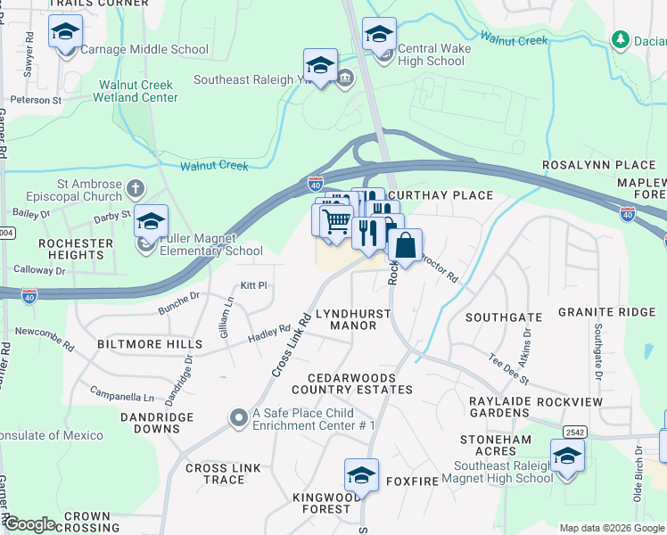 map of restaurants, bars, coffee shops, grocery stores, and more near 1609 Cross Link Road in Raleigh