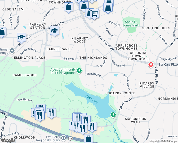 map of restaurants, bars, coffee shops, grocery stores, and more near 101 Stoneleigh Drive in Cary