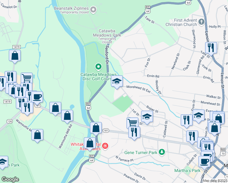 map of restaurants, bars, coffee shops, grocery stores, and more near 106 Alphabet Lane in Morganton