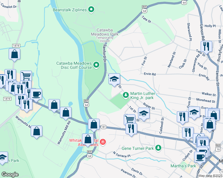 map of restaurants, bars, coffee shops, grocery stores, and more near 106 Alphabet Lane in Morganton