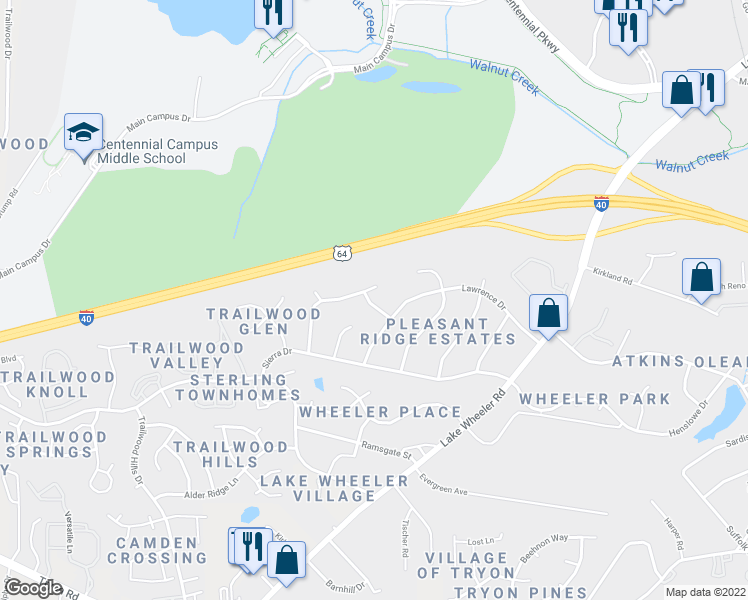 map of restaurants, bars, coffee shops, grocery stores, and more near 2412 Cavalier Street in Raleigh