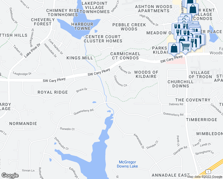 map of restaurants, bars, coffee shops, grocery stores, and more near 112 Bourke Place in Cary