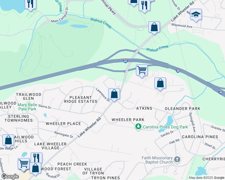map of restaurants, bars, coffee shops, grocery stores, and more near 2131 Thesis Circle in Raleigh