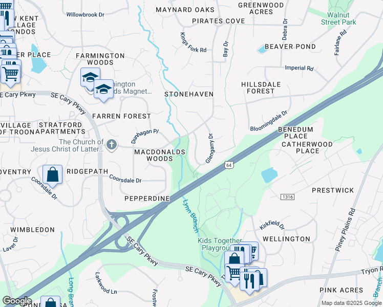 map of restaurants, bars, coffee shops, grocery stores, and more near 1669 Glengarry Drive in Cary
