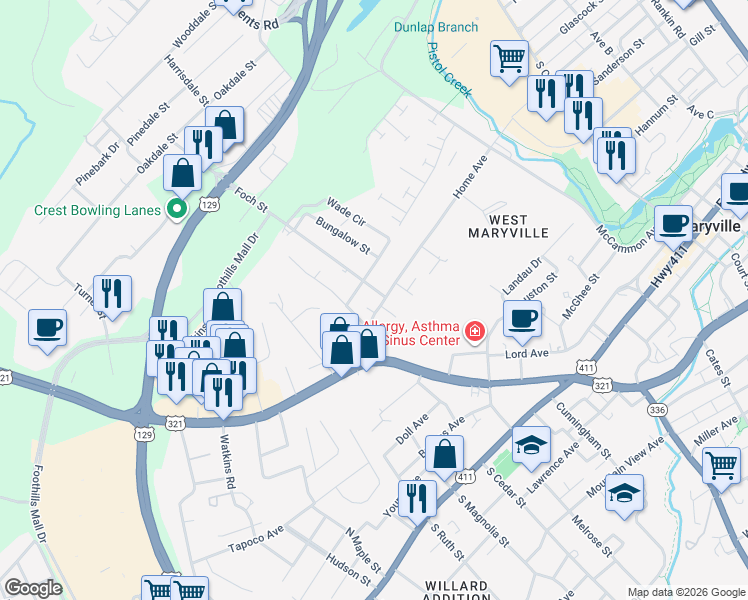 map of restaurants, bars, coffee shops, grocery stores, and more near 603 Home Ave in Maryville