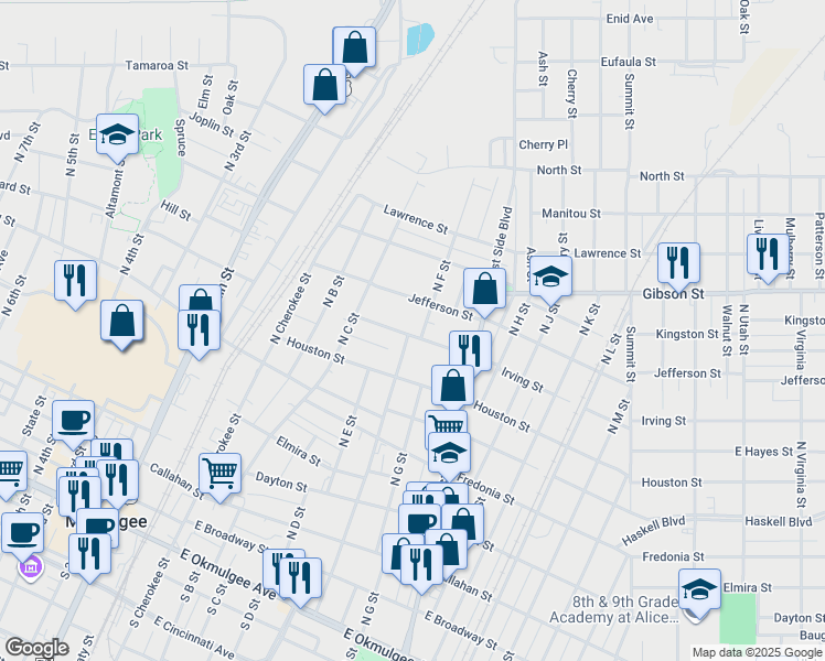 map of restaurants, bars, coffee shops, grocery stores, and more near 526 Irving Street in Muskogee