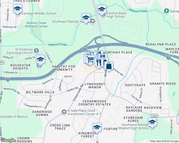 map of restaurants, bars, coffee shops, grocery stores, and more near 1609 Cross Link Road in Raleigh