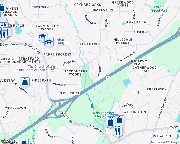 map of restaurants, bars, coffee shops, grocery stores, and more near 1669 Glengarry Drive in Cary