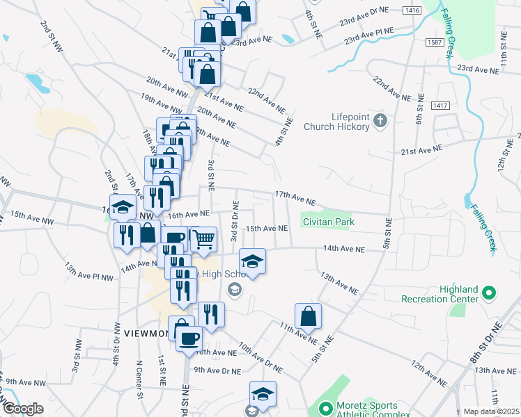 map of restaurants, bars, coffee shops, grocery stores, and more near 1607 4th Street Northeast in Hickory