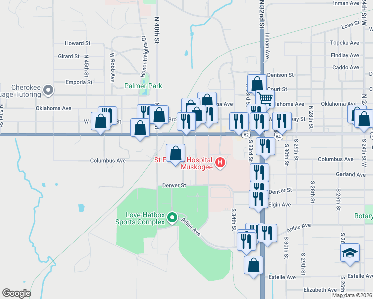 map of restaurants, bars, coffee shops, grocery stores, and more near 200 South 38th Street in Muskogee