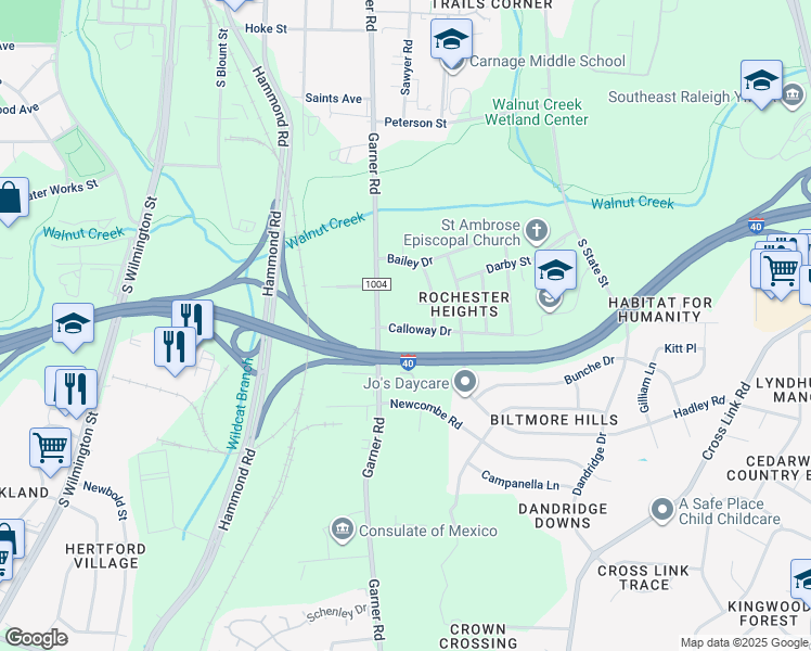 map of restaurants, bars, coffee shops, grocery stores, and more near 513 Calloway Dr in Raleigh