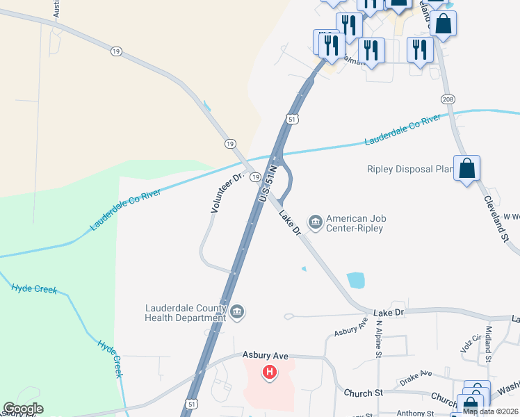 map of restaurants, bars, coffee shops, grocery stores, and more near 100 Tennessee 19 in Ripley
