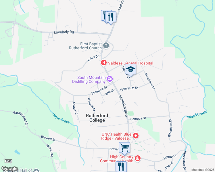 map of restaurants, bars, coffee shops, grocery stores, and more near 100 Excelsior Drive in Connelly Springs