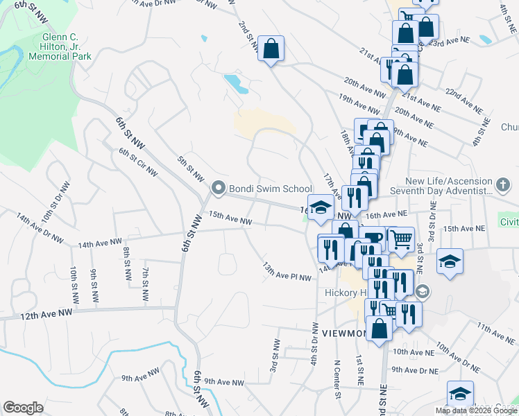 map of restaurants, bars, coffee shops, grocery stores, and more near 409 16th Avenue Northwest in Hickory