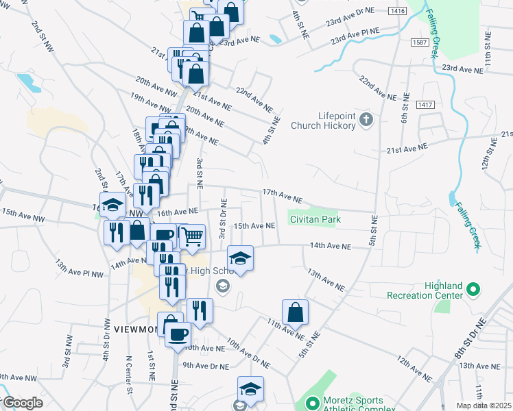 map of restaurants, bars, coffee shops, grocery stores, and more near 1607 4th Street Northeast in Hickory