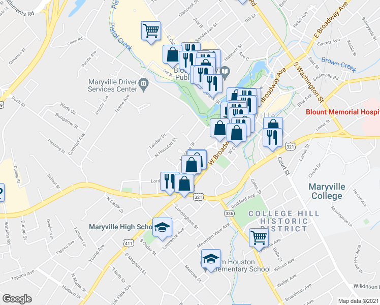 map of restaurants, bars, coffee shops, grocery stores, and more near 336 McGhee Street in Maryville