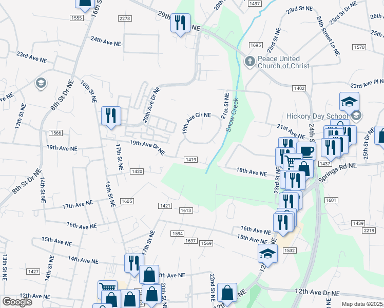 map of restaurants, bars, coffee shops, grocery stores, and more near 2011 19th Avenue Drive Northeast in Hickory