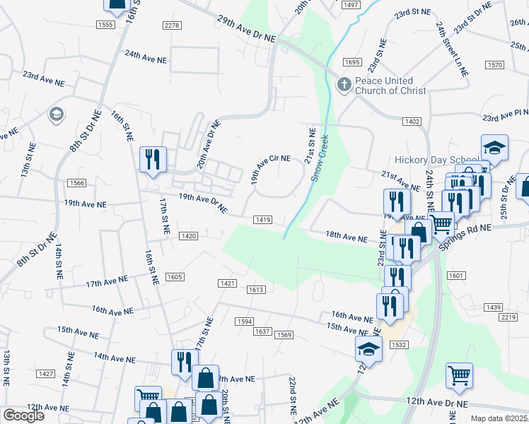 map of restaurants, bars, coffee shops, grocery stores, and more near 2011 19th Avenue Drive Northeast in Hickory
