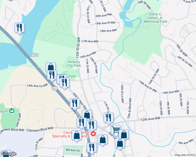 map of restaurants, bars, coffee shops, grocery stores, and more near 1069 15th Avenue Northwest in Hickory
