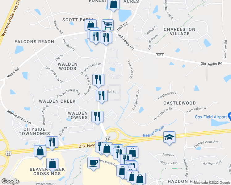map of restaurants, bars, coffee shops, grocery stores, and more near 521 Fantail Lane in Apex