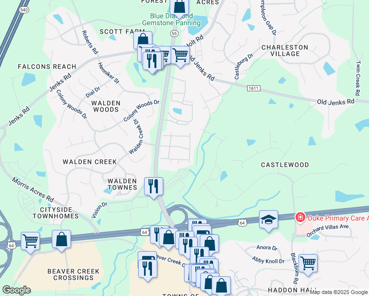 map of restaurants, bars, coffee shops, grocery stores, and more near 521 Fantail Lane in Apex
