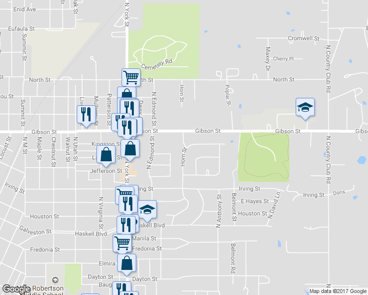 map of restaurants, bars, coffee shops, grocery stores, and more near 1005 Horn Street in Muskogee